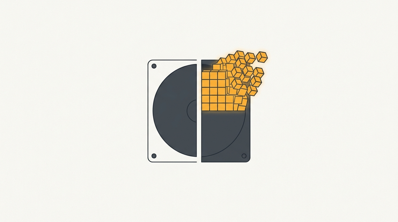 Minimal flat illustration of a split hard drive disk with glowing amber memory blocks overflowing from the right partition