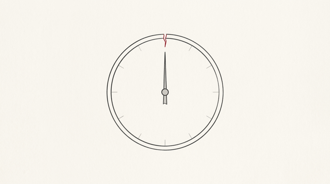 Minimal flat editorial illustration of a circular system update progress dial frozen at zero with a subtle crimson fracture tick