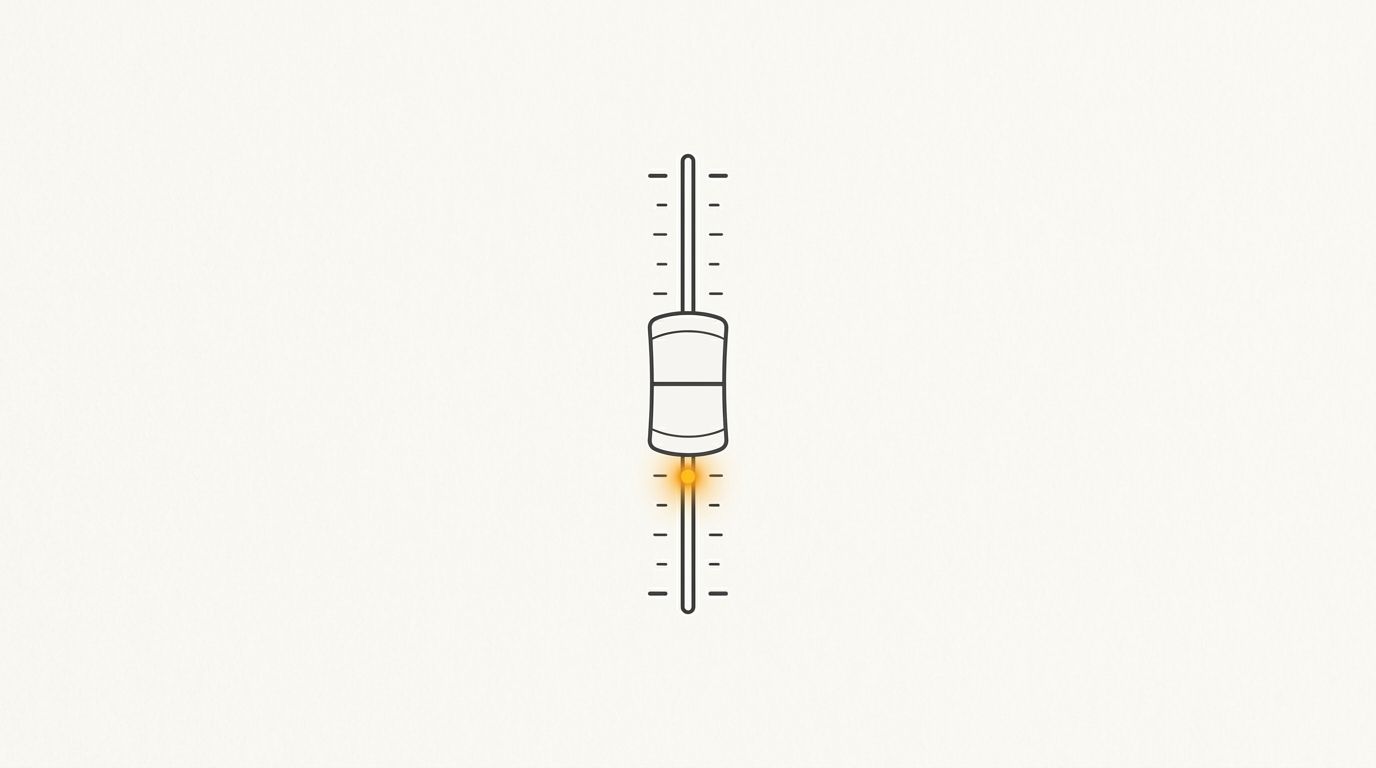 Minimal flat editorial illustration of a single centered physical volume slider fader with an amber alert indicator on an off-white background