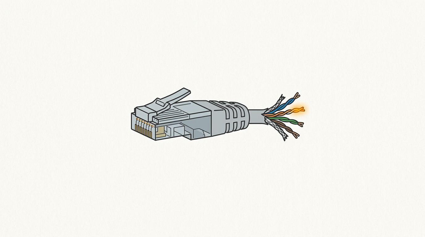 Minimal flat editorial illustration of an ethernet cable plug with a severed wire and an amber indicator on an off-white background