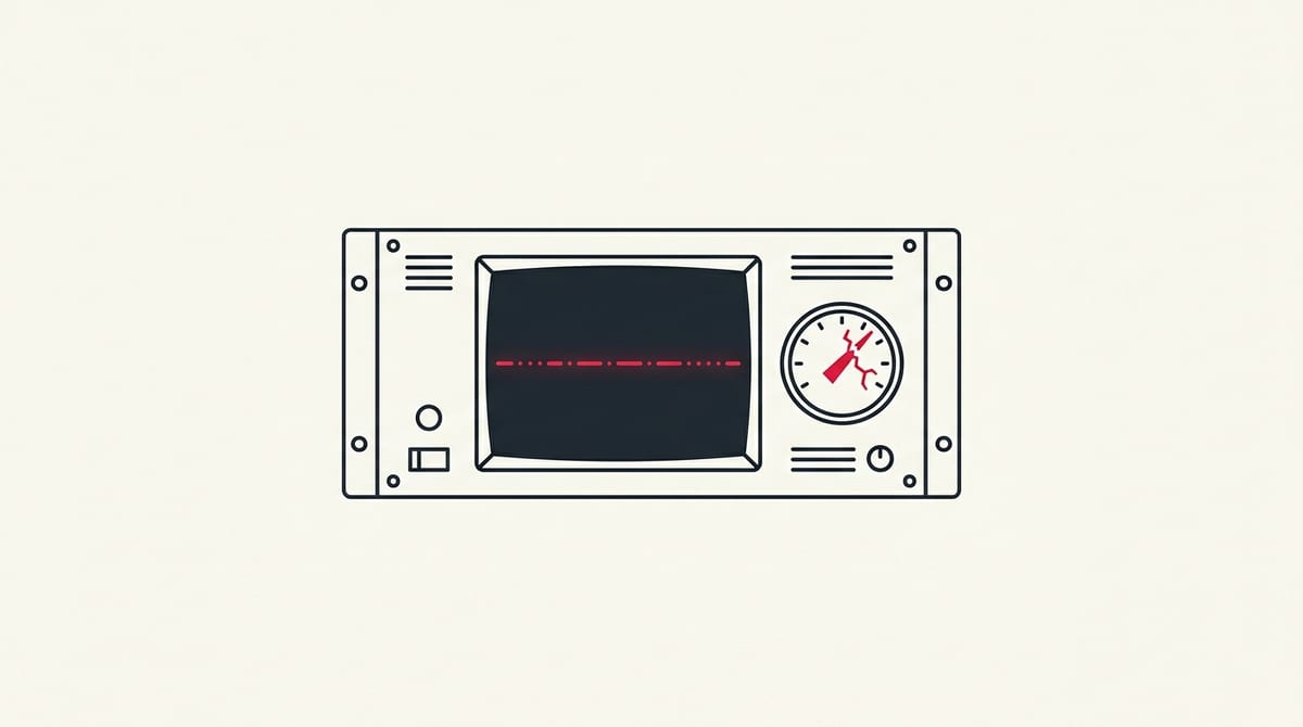Minimal flat editorial illustration of a rackmount server monitor showing an emergency red flatline trace on an off-white background.