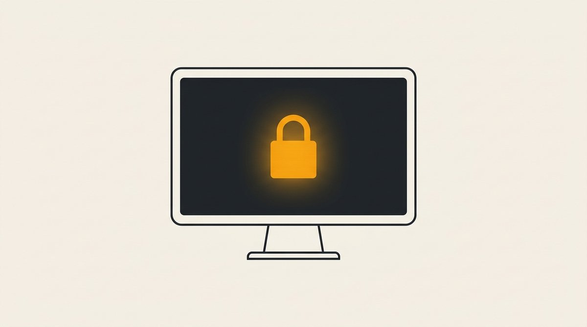 Minimal flat editorial illustration of a computer monitor with a glowing amber padlock on an off-white background.