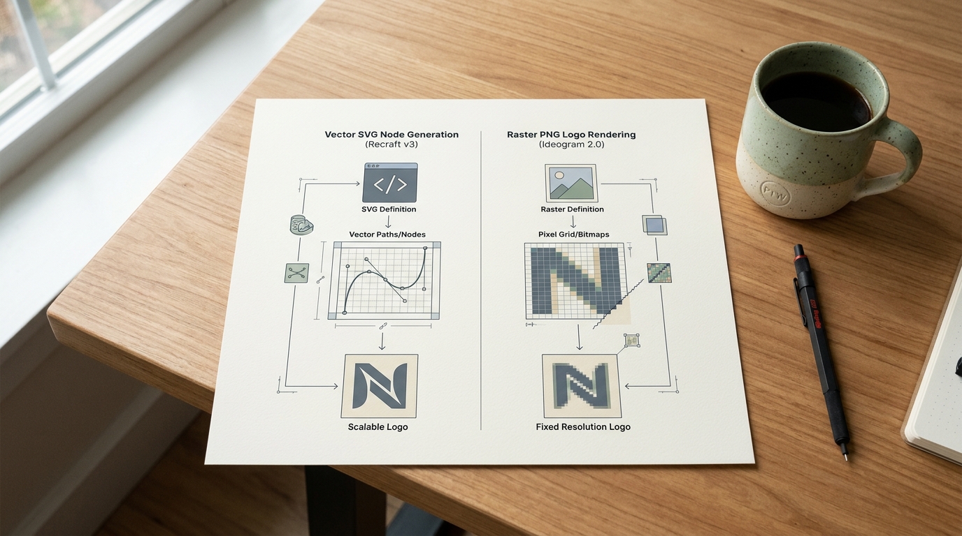 A flat-lay technical schematic comparing raster PNG logo generation with SVG vector node creation on a wooden desk next to a PTW coffee mug