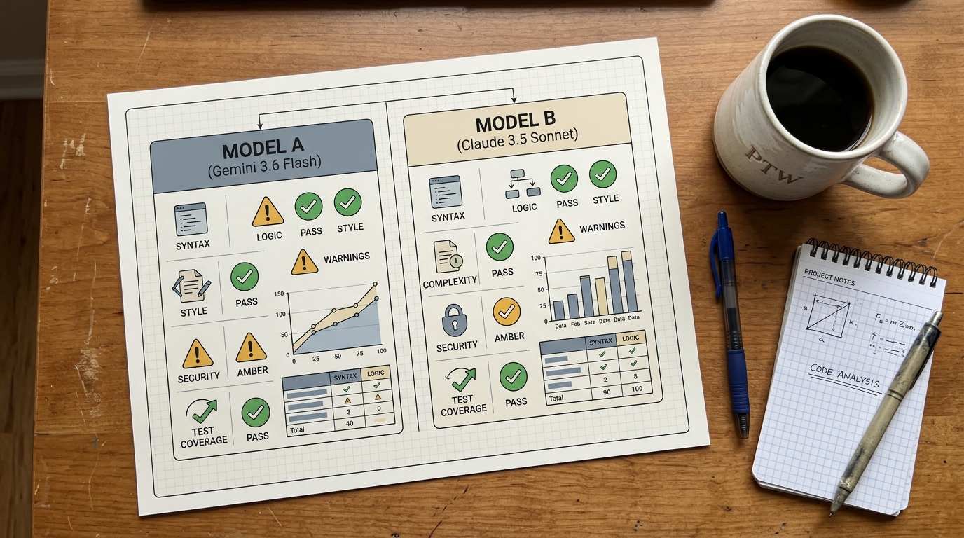Technical workbench benchmark card comparing Gemini 3.6 Flash and Claude 3.5 Sonnet test outputs on a wooden desk