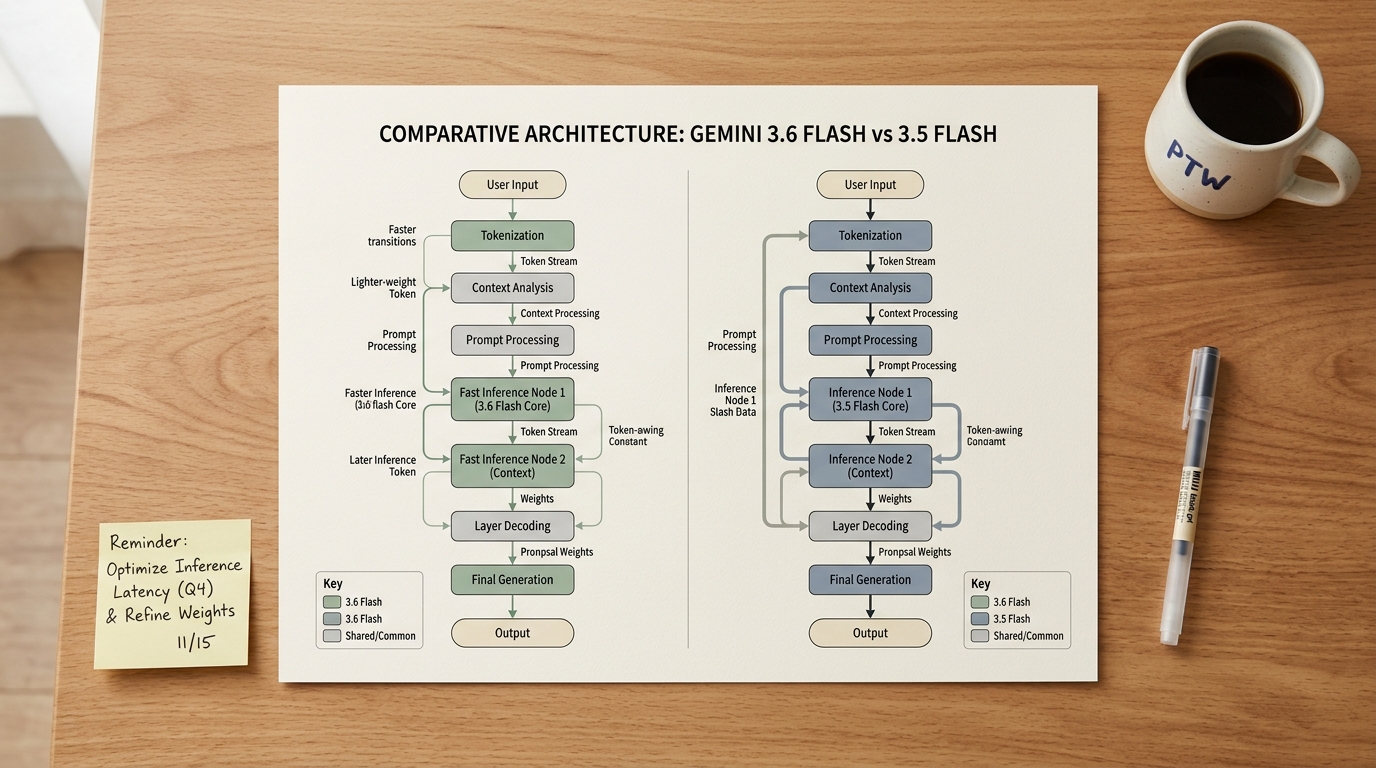 Technical pipeline schematic comparing Gemini 3.6 Flash and 3.5 Flash inference flows on a wooden workbench desk