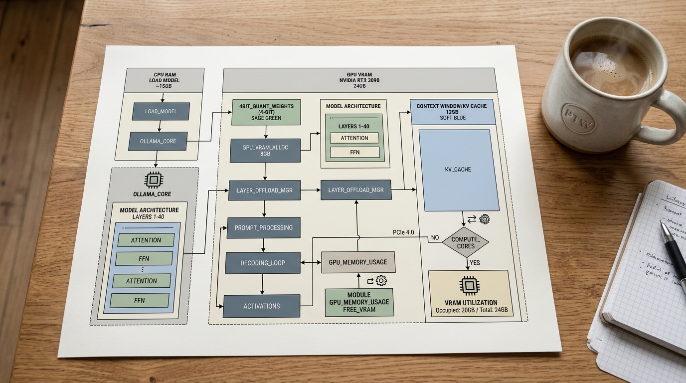 Technical schematic flow of GPU VRAM allocation for local Ollama DeepSeek R1 inference resting on a wooden desk