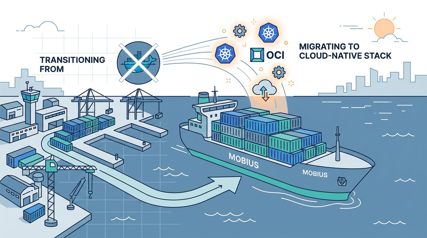 A container ship sailing away representing migrating from Docker Desktop