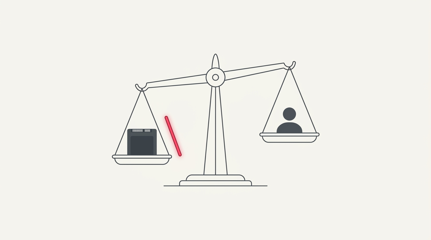 Minimal flat editorial illustration of a precision mechanical dual-balance scale comparing operating system telemetry on an off-white background