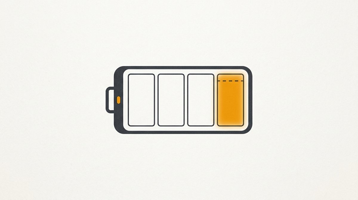 Minimal flat editorial illustration of a modern laptop battery gauge with segmented charge levels and an amber wear indicator on an off-white background.