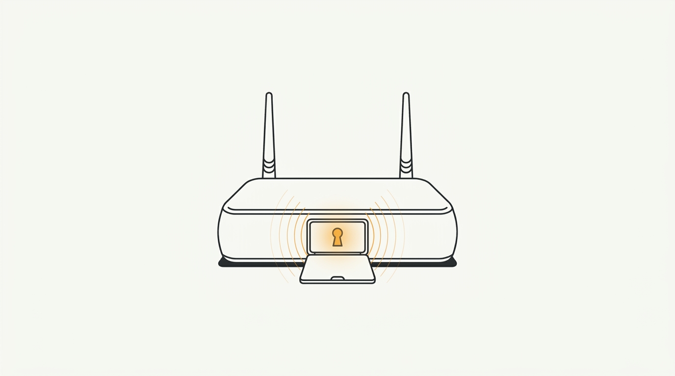 Minimal flat editorial illustration of a modern Wi-Fi router with an open amber credential hatch on an off-white background.