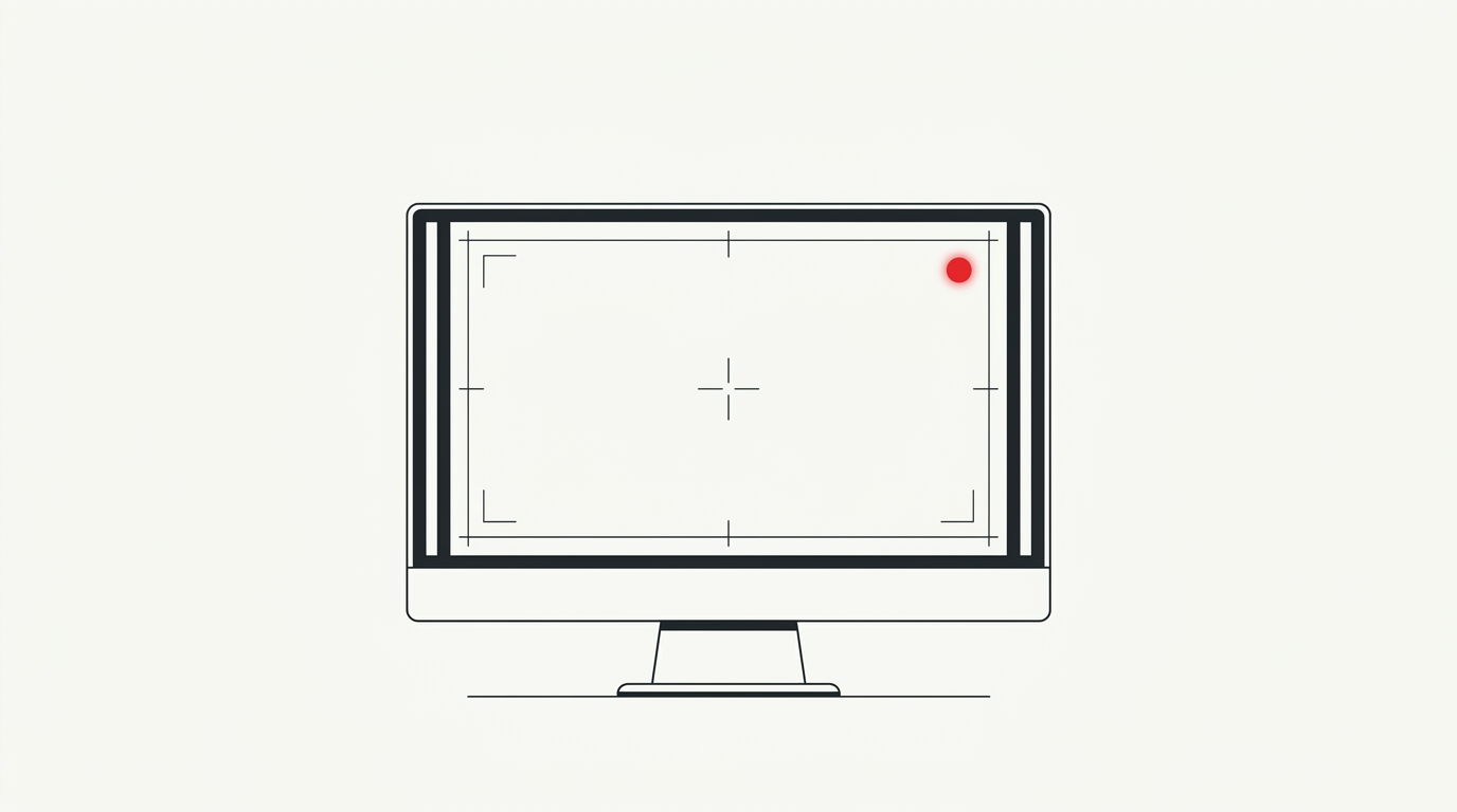 Minimal flat editorial illustration of a computer monitor with crosshair capture brackets and a crimson recording indicator on an off-white background.