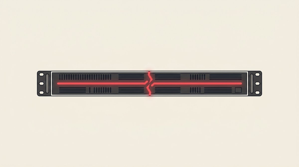 Minimal flat editorial illustration of a rackmount server blade with a broken glowing red circuit trace on an off-white background.