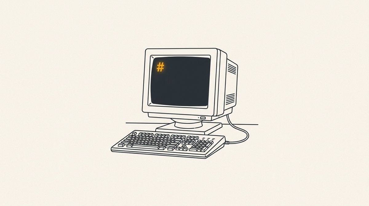 Minimal flat editorial illustration of a computer terminal with a glowing amber root hash prompt on an off-white background.